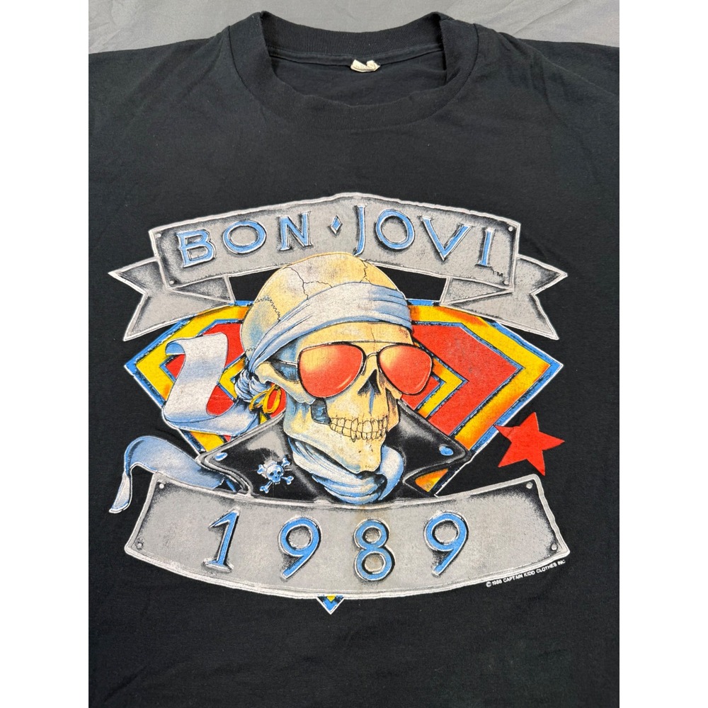 Vintage‎ 1989 Bon Jovi Tour Shirt Screen Stars XL Black Skull Graphic Rock Tee - Picture 2 of 13